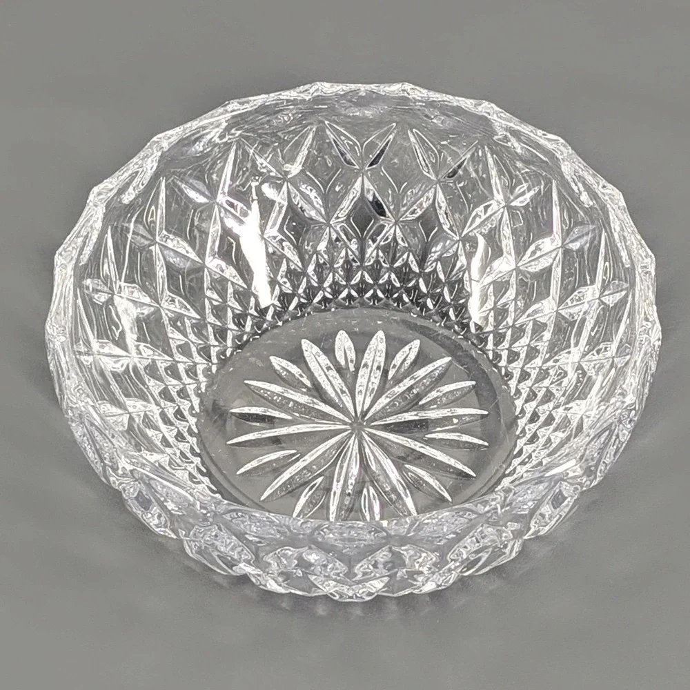 Vintage Cut Glass Bowl Diamond Starburst Pattern Clear Decorative Dish 6.5in